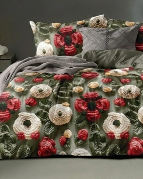Premium Glace Cotton King Size Bedsheet 7D Floral Print - Red