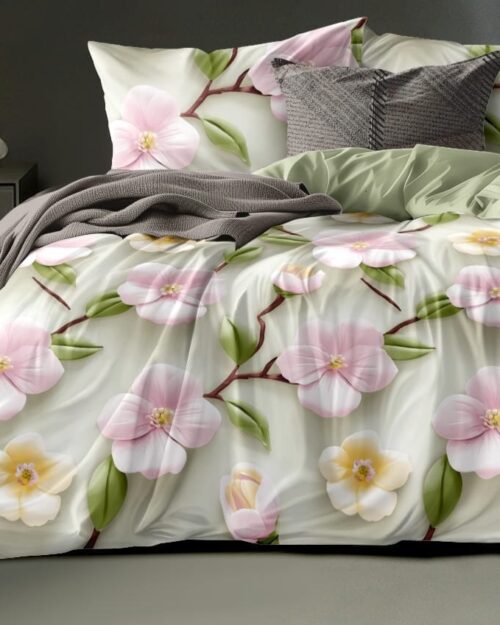 Premium Glace Cotton King Size Bedsheet with 2 Pillow Covers – 7D Floral Print - Green