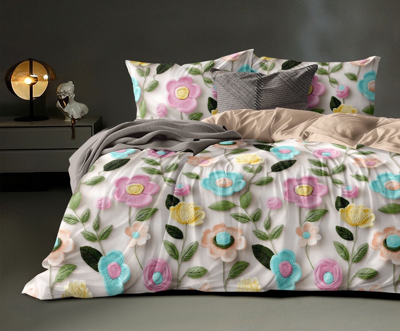 Soukfy Fashion 300 TC Premium Glace Cotton King Size Bedsheet with 2 Pillow Covers – 7D Floral Print (Pink & Blue Sunflowers)