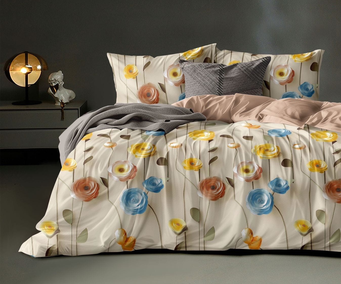 Soukfy Fashion 300 TC Premium Glace Cotton King Size Bedsheet with 2 Pillow Covers – 7D Floral Print (Yellow Bale Lotus)