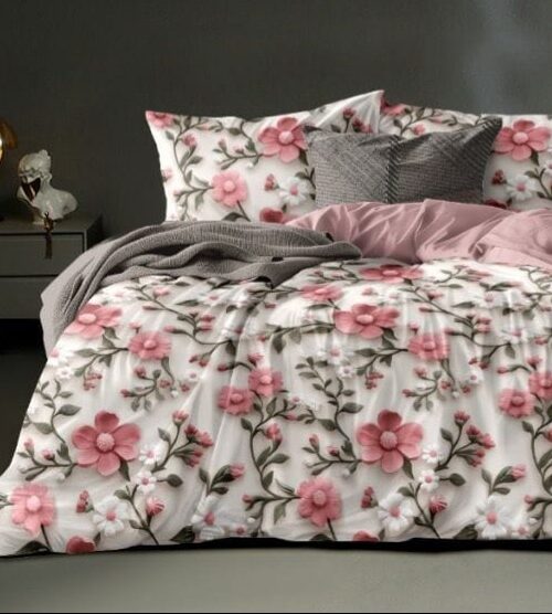 Premium Glace Cotton King Size Bedsheet with 2 Pillow Covers – 7D Floral Print - Pink