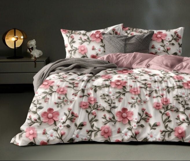 Soukfy Fashion 300 TC Premium Glace Cotton King Size Bedsheet with 2 Pillow Covers – 7D Floral Print (White & Pink Flowers)