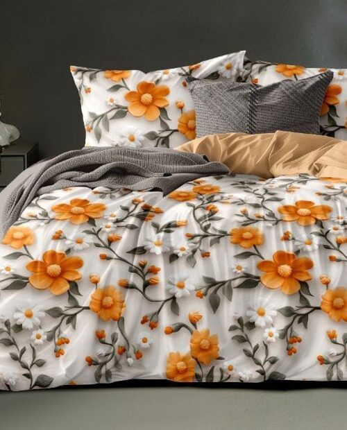 Premium Glace Cotton King Size Bedsheet with 2 Pillow Covers – 7D Floral Print - Yellow