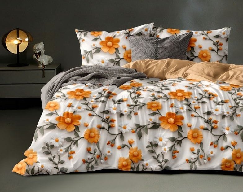 Premium Glace Cotton King Size Bedsheet 7D Floral Print - Yellow