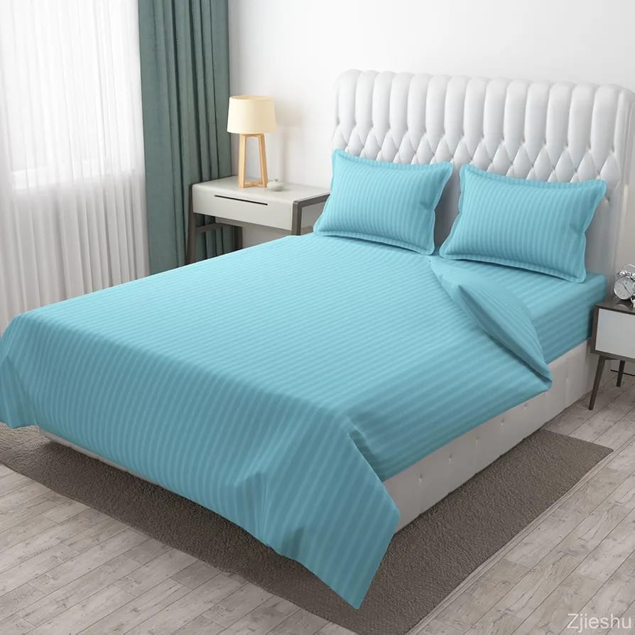 Sky Blue Plain Stripes King Bedsheet Set