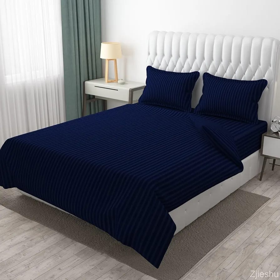 Navy Blue Plain Stripes King Bedsheet Set
