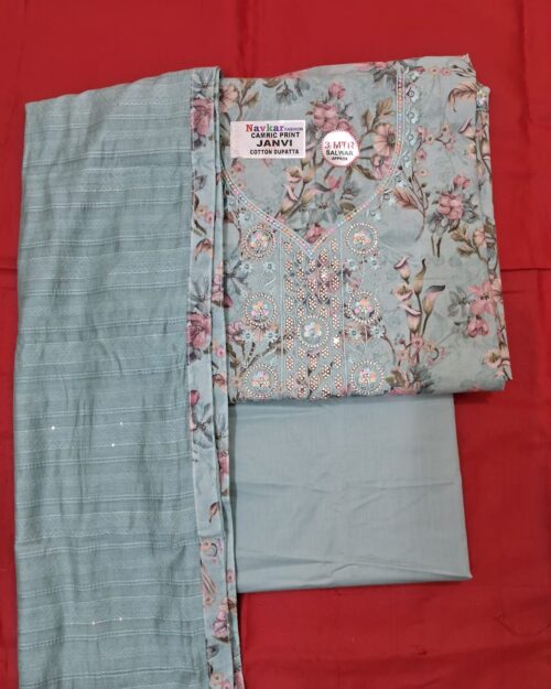 Pure Cotton Embroidered Suit Fabric for Women (Unstitched) with Chiffon Dupatta – Light Green
