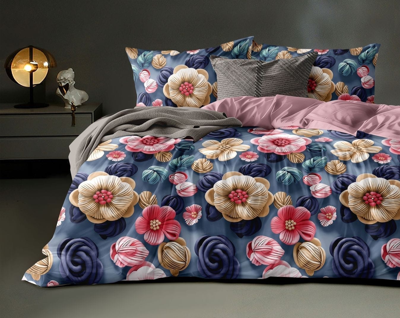 Soukfy Fashion 300 TC Premium Glace Cotton King Size Bedsheet with 2 Pillow Covers – 7D Floral Print (Navy Blue Floral)