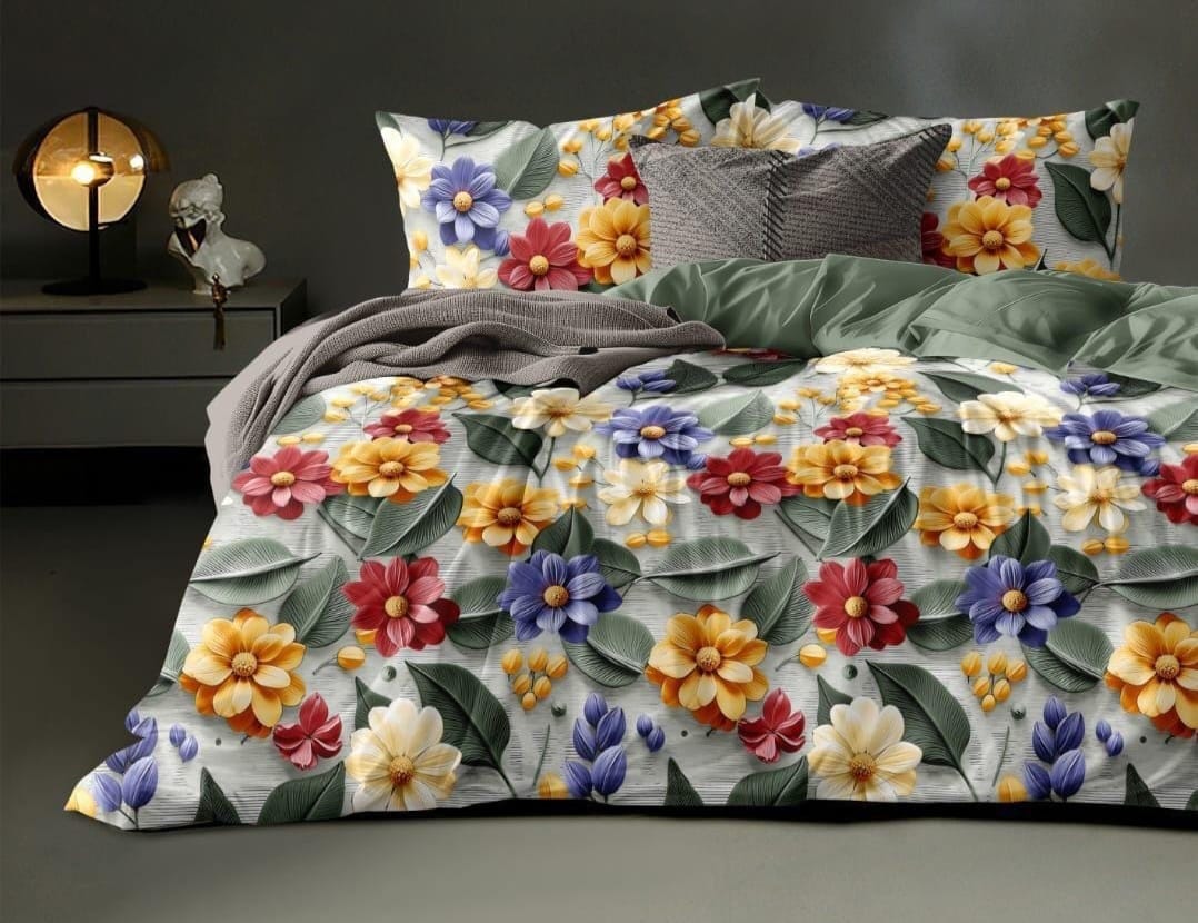 Soukfy Fashion 300 TC Premium Glace Cotton King Size Bedsheet with 2 Pillow Covers – 7D Floral Print (Sky Blue Floral)