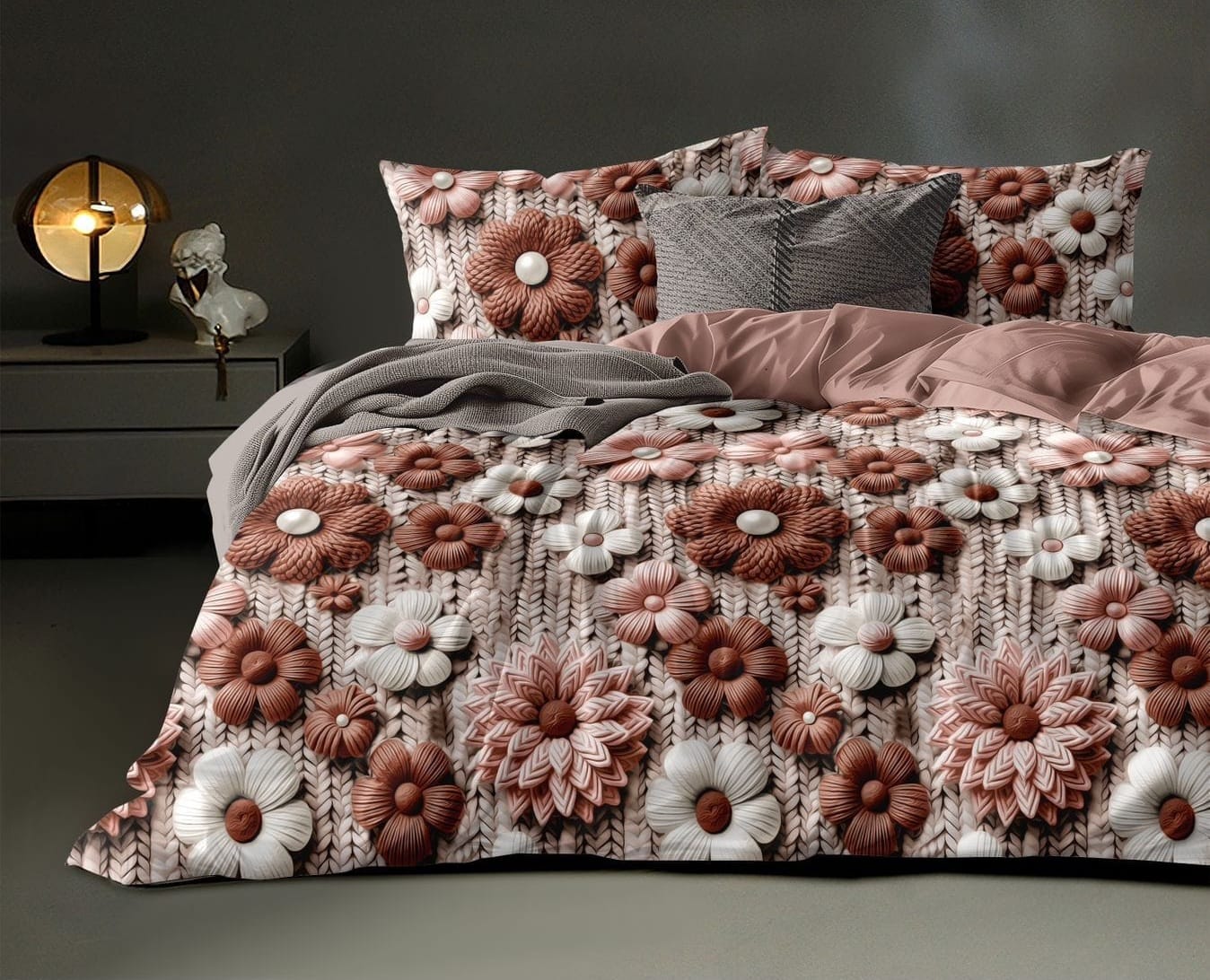 Soukfy Fashion 300 TC Premium Glace Cotton King Size Bedsheet with 2 Pillow Covers – 7D Floral Print (Brown Floral)