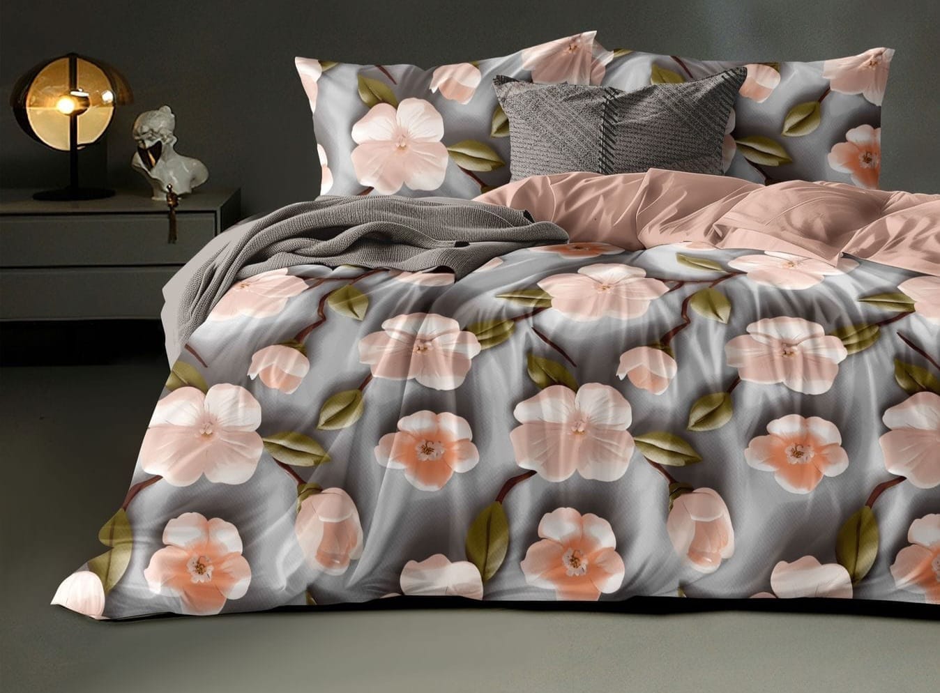 Soukfy Fashion 300 TC Premium Glace Cotton King Size Bedsheet with 2 Pillow Covers – 7D Floral Print (Grey Floral