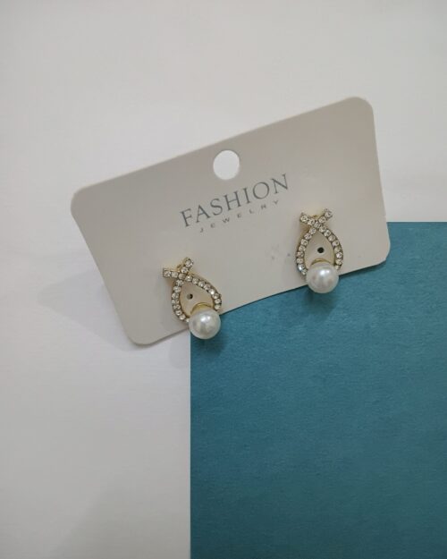 Pearl and Crystal Rhinestone Stud Earrings, Gold-Tone Cross Bow Design, Elegant Jewellery for Women
