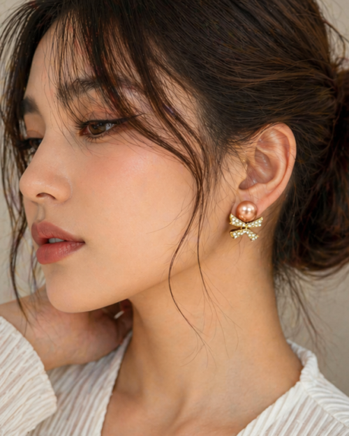 Home Peach Pearl Bow Stud Earrings