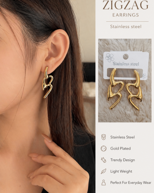 Gold-Plated Zigzag Drop Earrings (Stainless Steel)