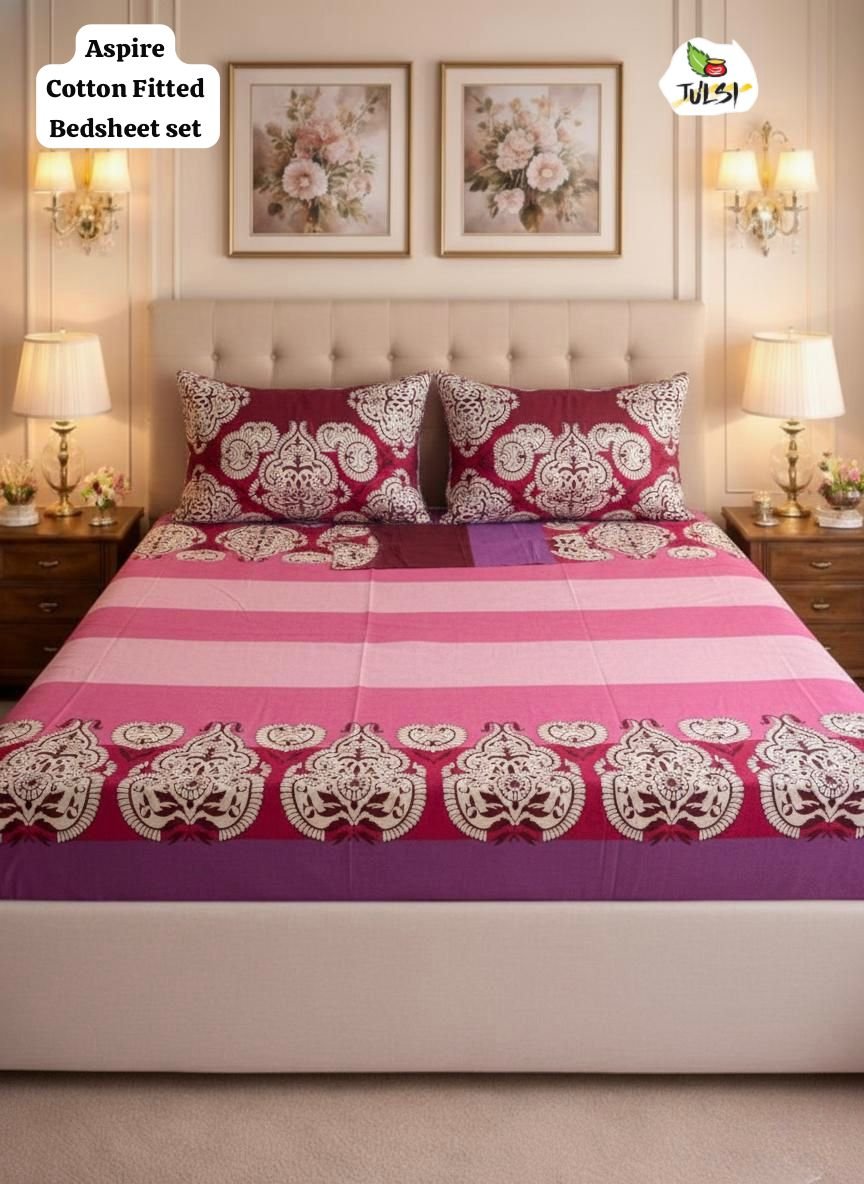 ASPIRE Cotton Fitted Bedsheet Set with Elastic - Wine Pink