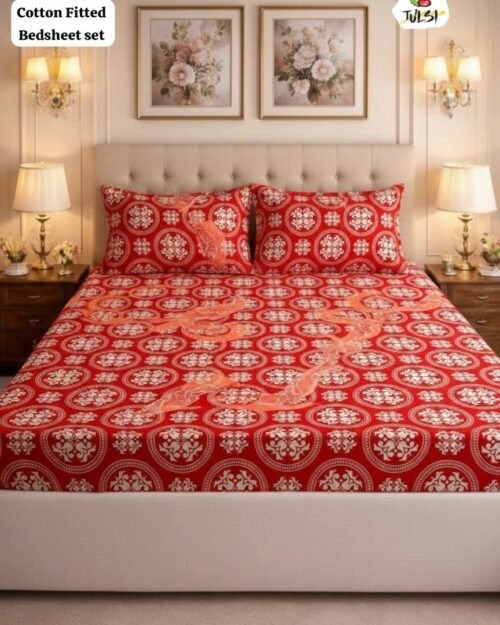 ASPIRE Cotton Fitted Bedsheet Set with Elastic - Cherry Red
