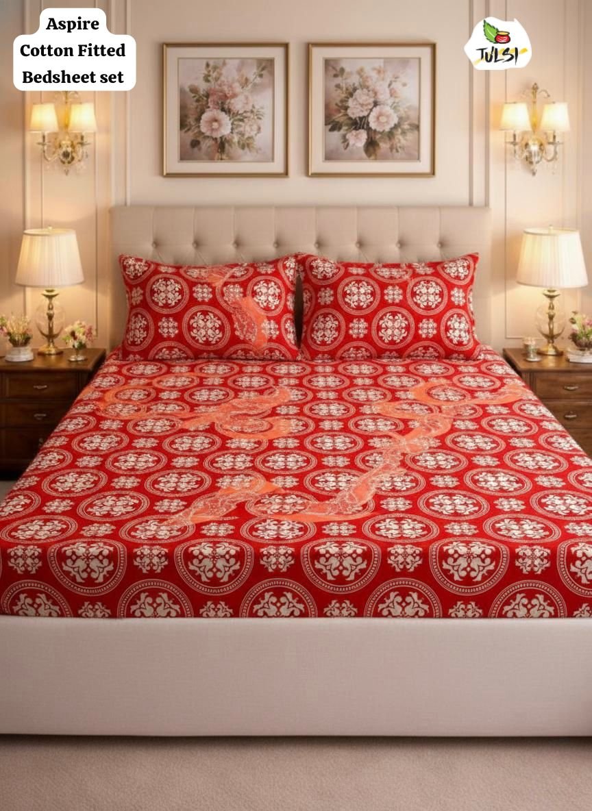 ASPIRE Cotton Fitted Bedsheet Set with Elastic - Cherry Red