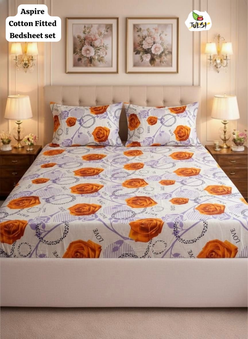 ASPIRE Cotton Fitted Bedsheet Set with Elastic - Orange Rose