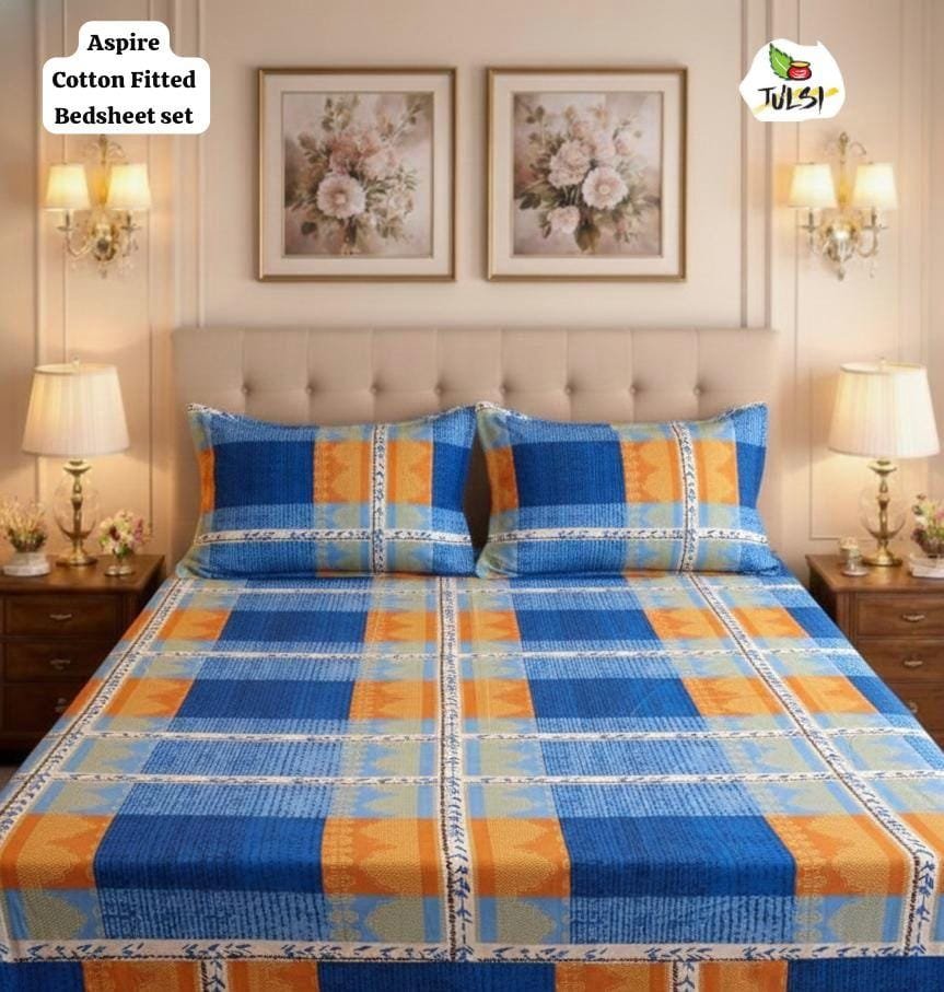 ASPIRE Cotton Fitted Bedsheet Set with Elastic - Royal Blue