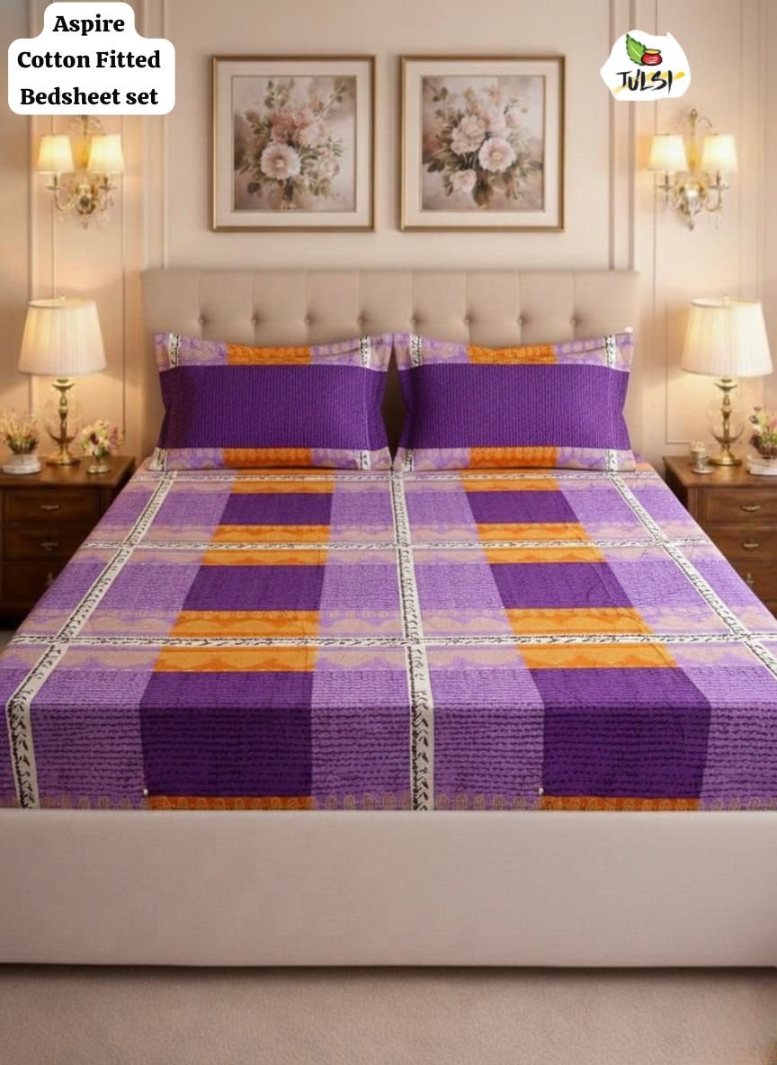 ASPIRE Cotton Fitted Bedsheet Set with Elastic - Royal Purple