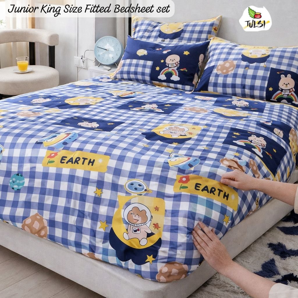 Fitted Bedsheet Set with Elastic - Blue Space