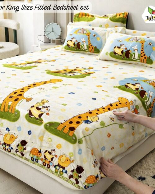 Fitted Bedsheet Set with Elastic - Ivory Safari