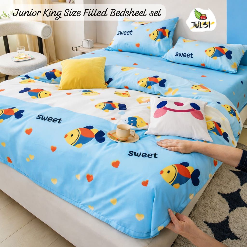 Fitted Bedsheet Set with Elastic - Sky Blue Fish