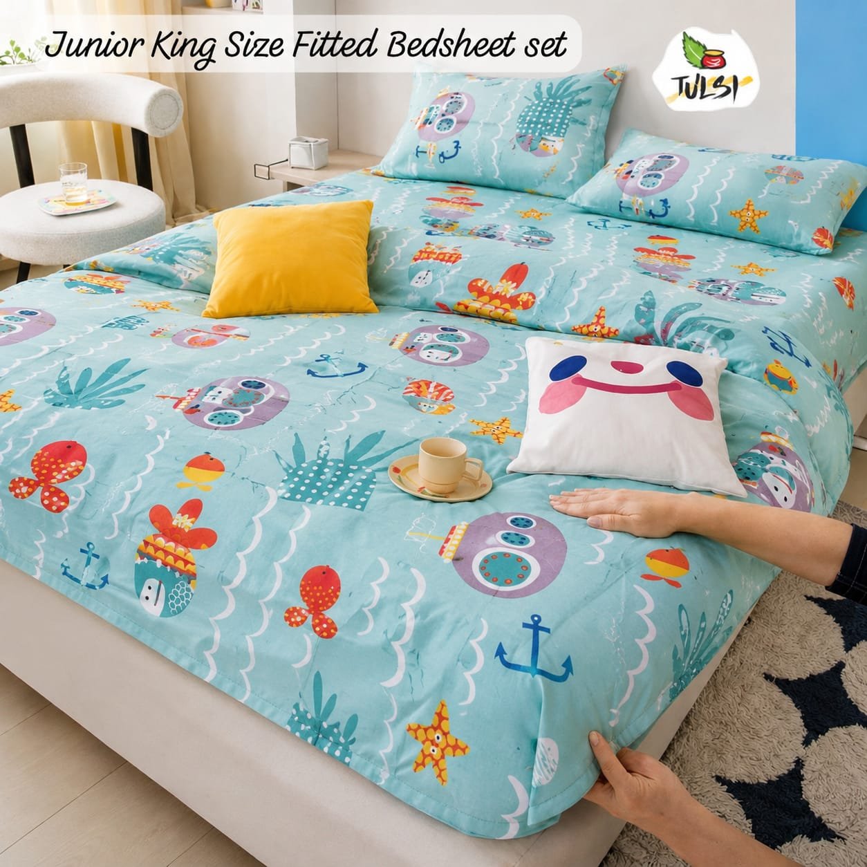 Fitted Bedsheet Set with Elastic - Aqua Blue