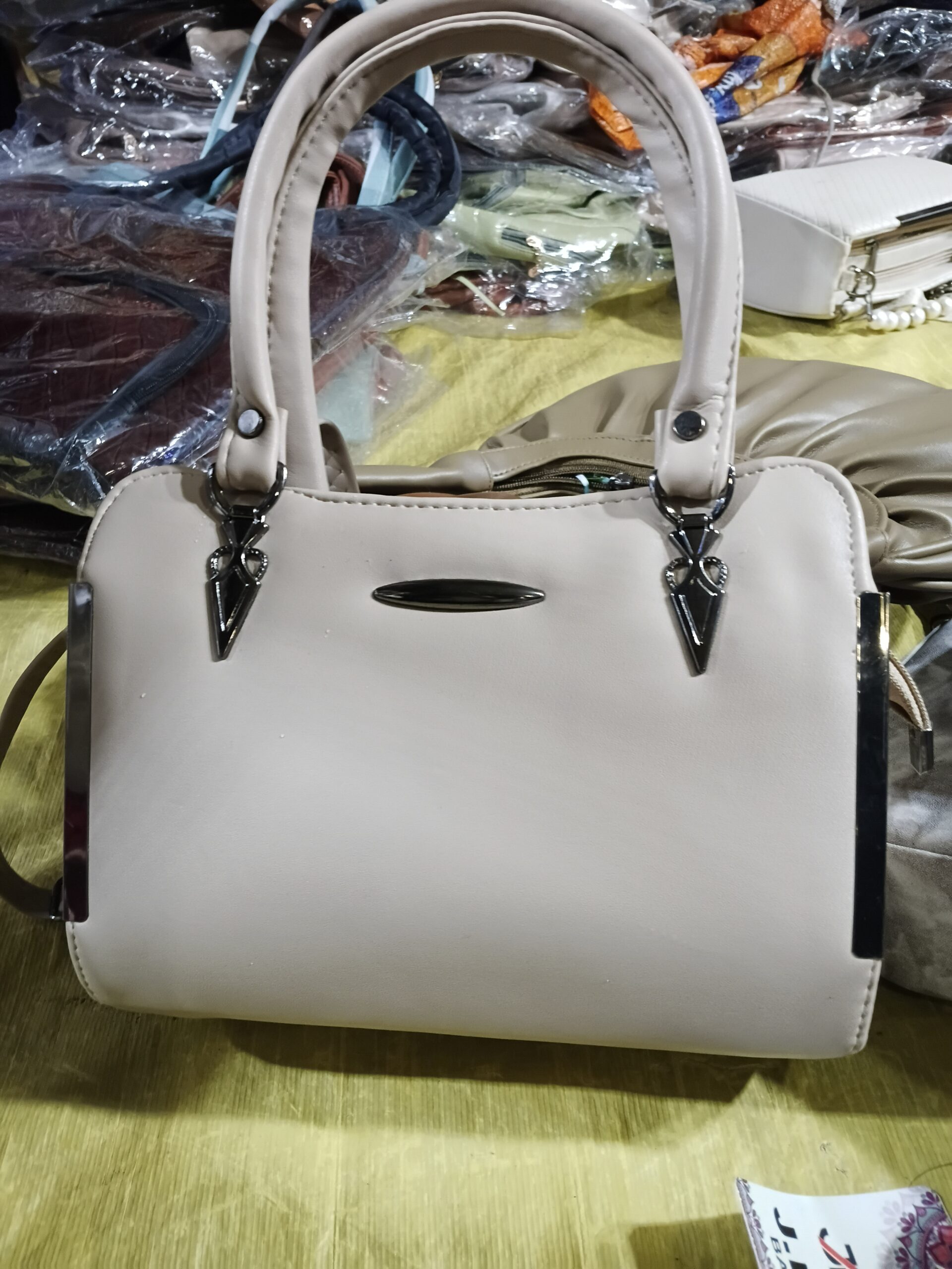 Women Textured Faux Leather Handbag with Adjustable Shoulder Strap- Ivory White - Image 2