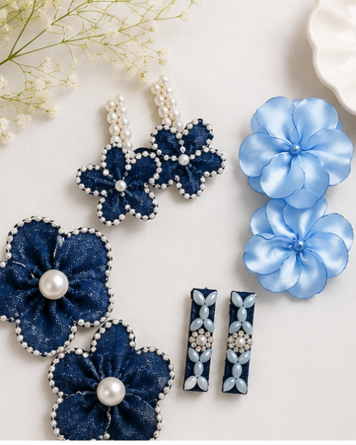 Handmade Blue Floral Alligator Hair Clips for Kids