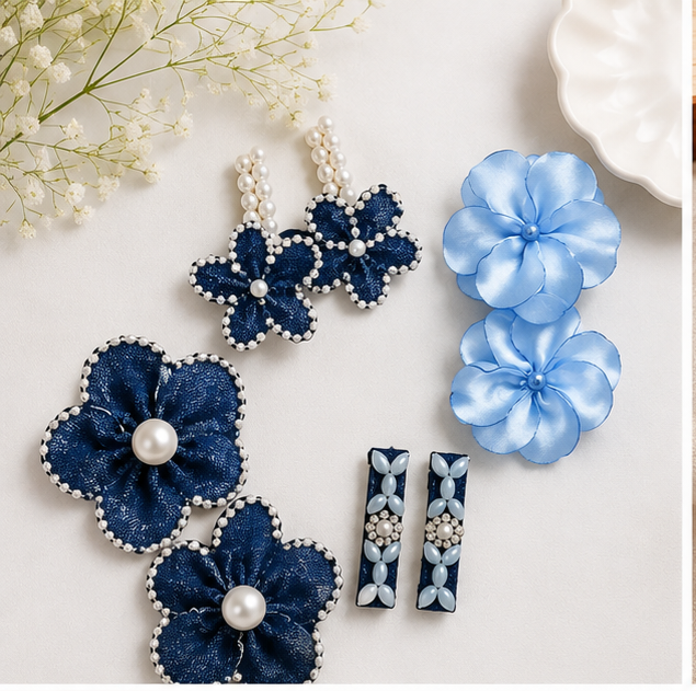 Handmade Blue Floral Alligator Hair Clips for Kids