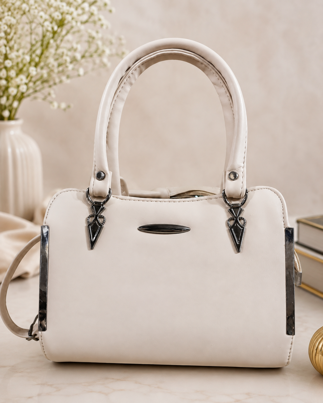 Women Textured Faux Leather Handbag with Adjustable Shoulder Strap- Ivory White